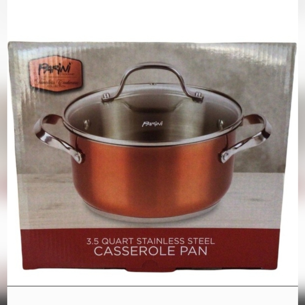 New Parini Cookware 3.5 Quart Stainless Steel Casserole Pan With Glass Lid.